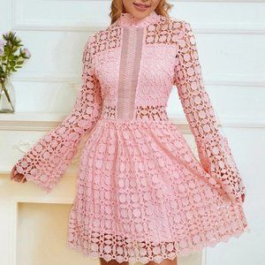 Mesh Insert Mock Neck Flounce Sleeve Lace Dress PINK